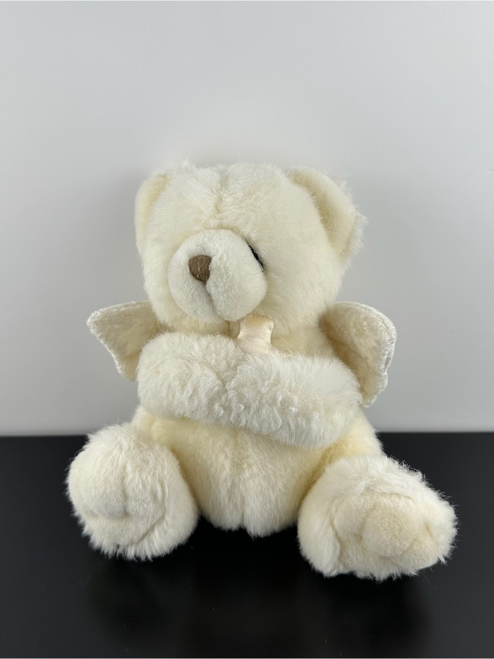 Russ Berrie Prayer Bear Teddy Holding Cross 7.5” White Cream Angel Wings Plush